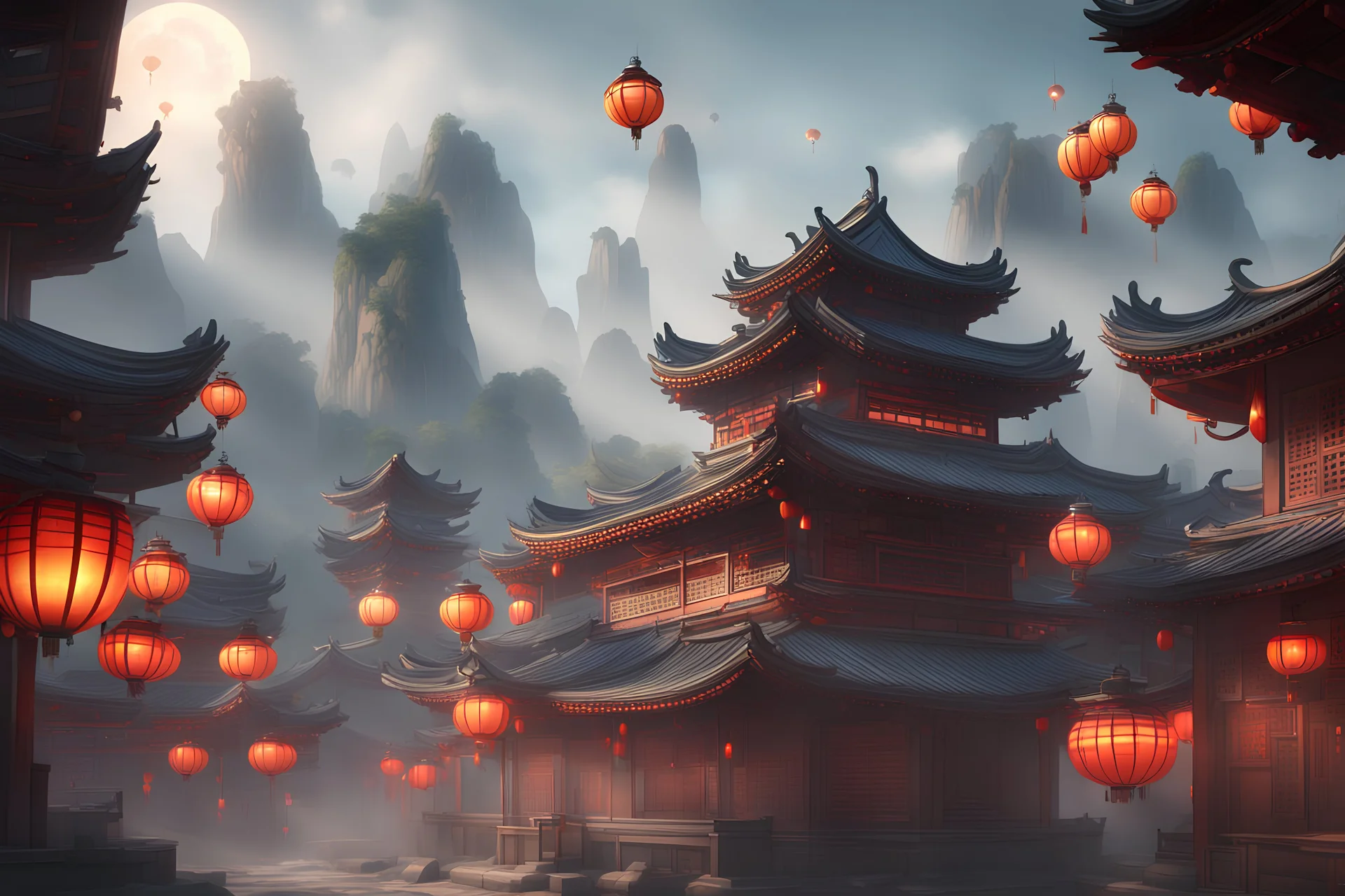 a painting of a chinese building with lanterns floating in the air, a detailed matte painting by Pu Hua, Artstation, sots art, concept art, matte painting, volumetric lighting