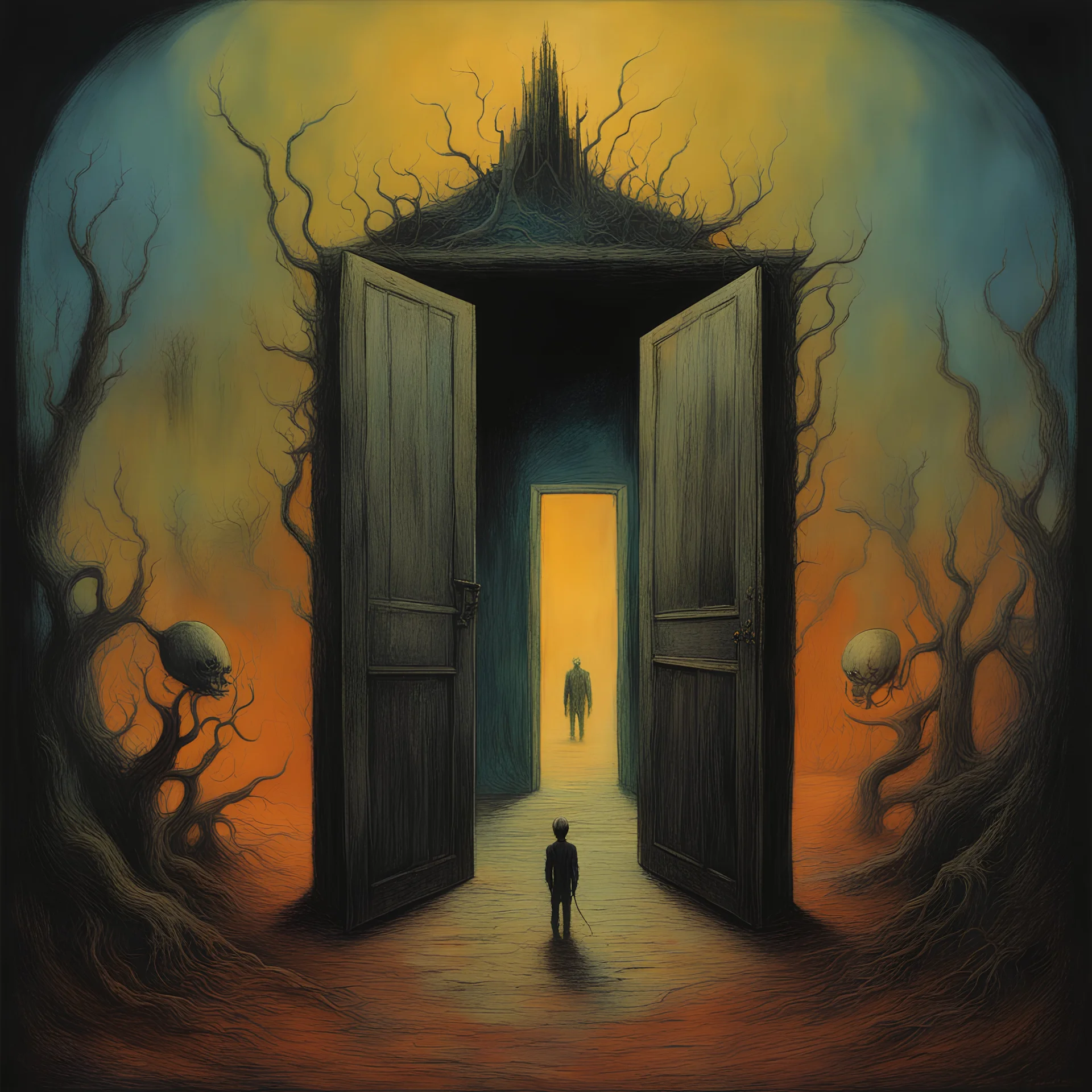 secret doorway, nightbreed cabal, abstract nightmare art, by Graham Sutherland and Duy Huynh and Beksinski, mind-bending color ink illustration; album cover art, dynamic composition, sinister oddball masterpiece, dynamic composition, complex contrast