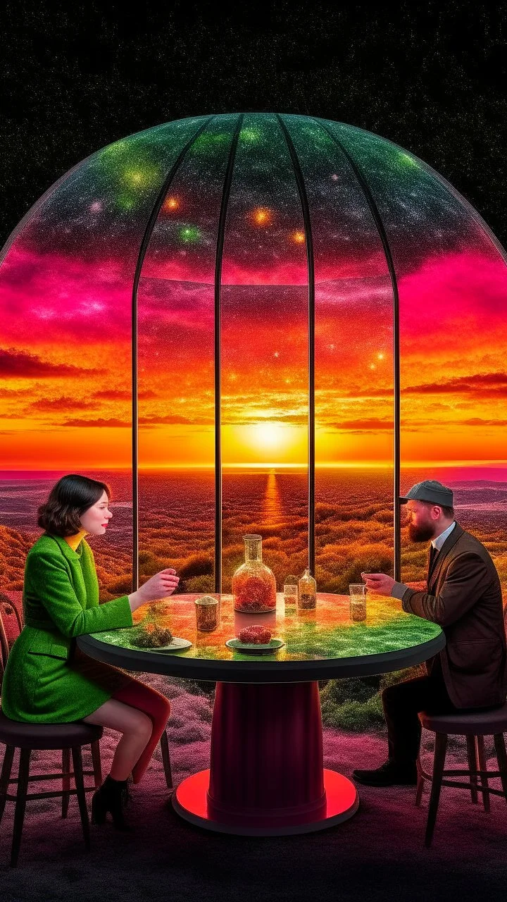 full shot of happy dandys drinking in a floating glass dome, dreamlike atmosphere, in the background the landscape burns like hell, in the style of jasper johns