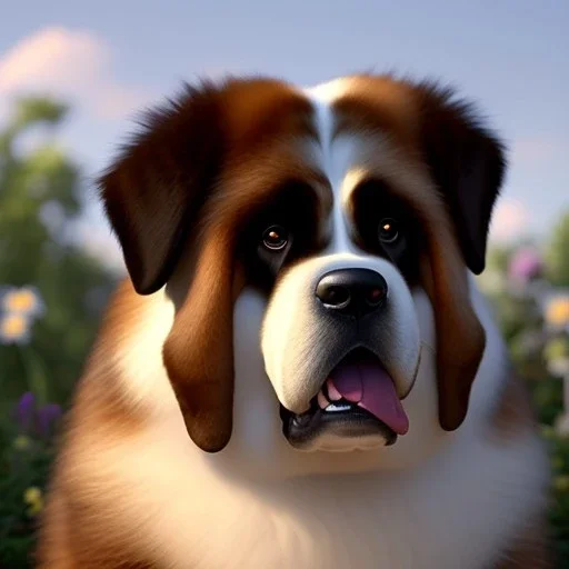 pixar style, volumetric summer garden environment and background, realistic painting of saint Bernard, looking excited, volumetric lighting, dramatic lighting, detailed digital painting, extreme dense and fine fur, anime, ornate, colour-washed colors, elegant, small minutiae, tiny features, particulars, centered, smooth, sharp focus, renderman gofur render, 8k, uhd, detailed eyes, realistic shaded volumetric lighting, sunlight caustics, backlight, centered camera view