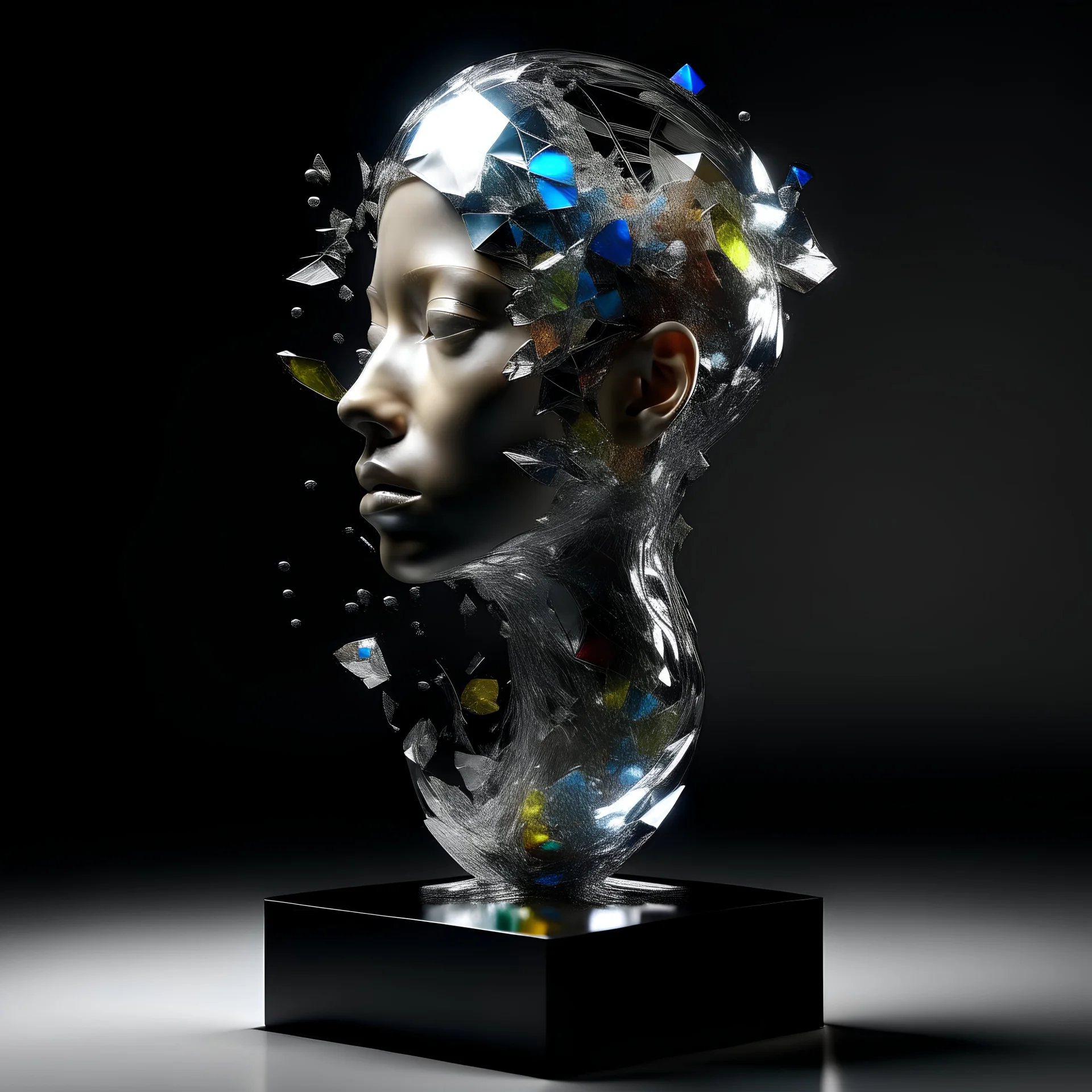 Designer fine art 3d sculpture in pieces Exploding glass earth head view: A see through glass sculpture an exploding head of a woman, with the earth inside her head, the hollow glass sculpture is made of thin fluid pearlescent glass, see through broken cracked glass, it’s coming apart in pieces, all the pieces are suspended in the air, inside a pixel glass orb, in a glass cube, alien sugar cube, micro details, 3d sculpture, in space