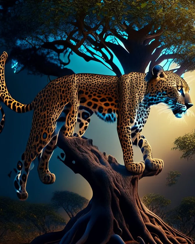 Leopardo coherente arto conceptual obra de arte 4k cuerpo completo árboles detallado impactante nitido