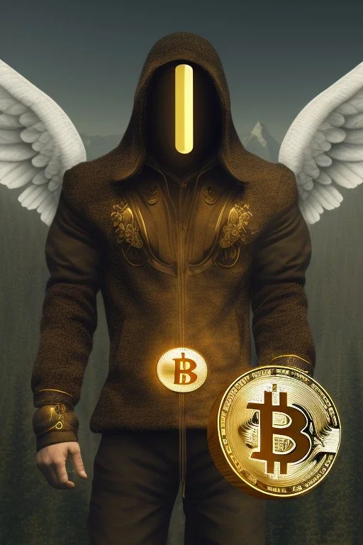 running berserker portrait , no face, black jogging suite , in the night Alps , holding bitcoins , angels background, volumetric gold light, high detail, dark leaf tree, dark mountains in background, perfect