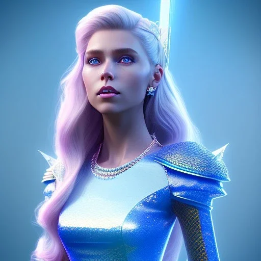 A portrait of a full body crystalised blue pink queen,smiling face, blue eyes, long blond hair, atmospheric, realistic, unreal engine, lighting