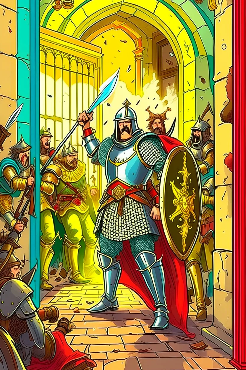 As the doors creaked, behold the hero's grand entrance! With a stride both bold and comically intense, He stumbled forth, a noble, hapless knight, His armor clinking, fitting none quite right. Tripping o'er his sword, and pratfalling anew, He grinned and winked, as the crowd's laughter grew. His mustache twirled, a symbol of sheer might, Though perilous foes fled at the comical sight. With bumbling charm, he vanquished evil's curse, Inept yet endearing, a hero none could rehearse. So let us ch