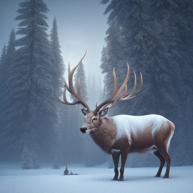 the most stunning, beautiful stag in a winter landscape, high-quality, ultrafine-detail, flickering light, fog, 8k resolution, 3d octane render, digital art, detailed matte, close up, George Grie, Anne Dittman, Anne Stokes, Lisa Parker, Selina French