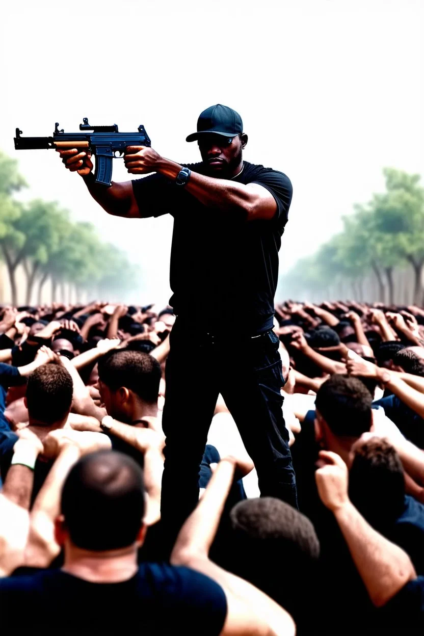 schwarzer drogen dealer mit ak47 zielt auf eine große gruppe unschuldiger menschen mit weißer haut bereit sie alle zu töten