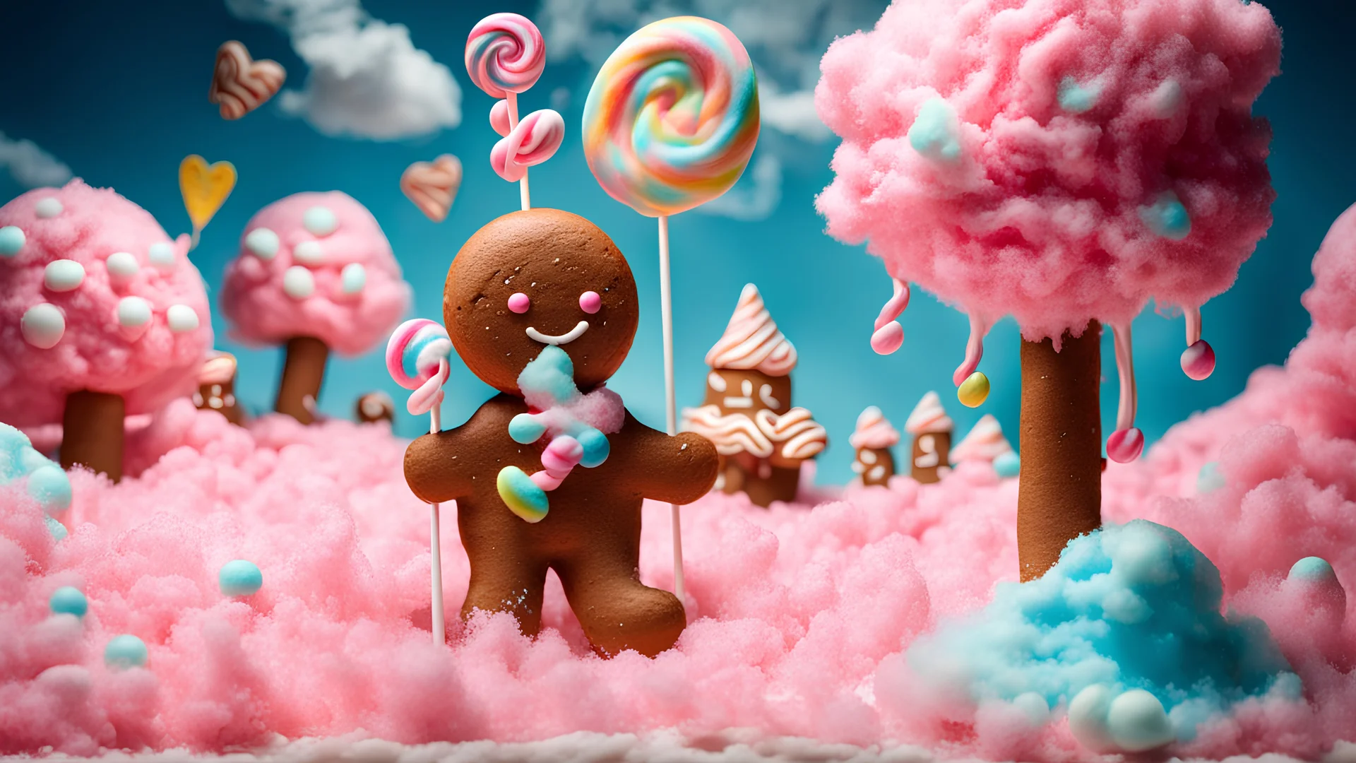 dreamscape. cotton candy world. gingerbread man eating a lollipop