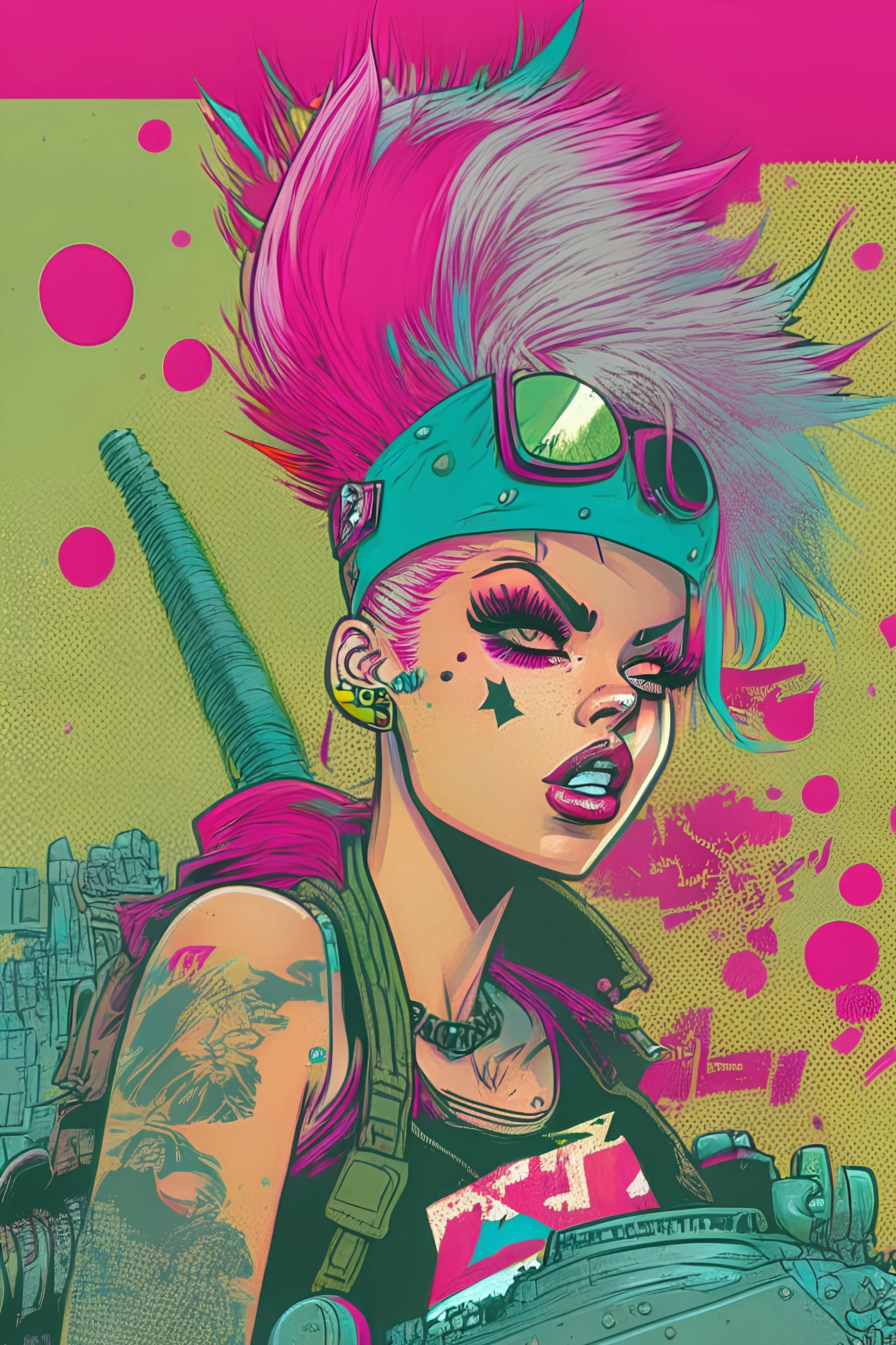 Digital illustration of comic book style cartooned Tank girl, 90s riot girl look, punk aesthetics, collage.