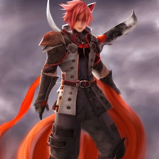 final fantasy 14, crimson red hair, full body male, miqote, wolf ears, orange colored eyes, tan skin, white coat, dark knight (final fantasy)