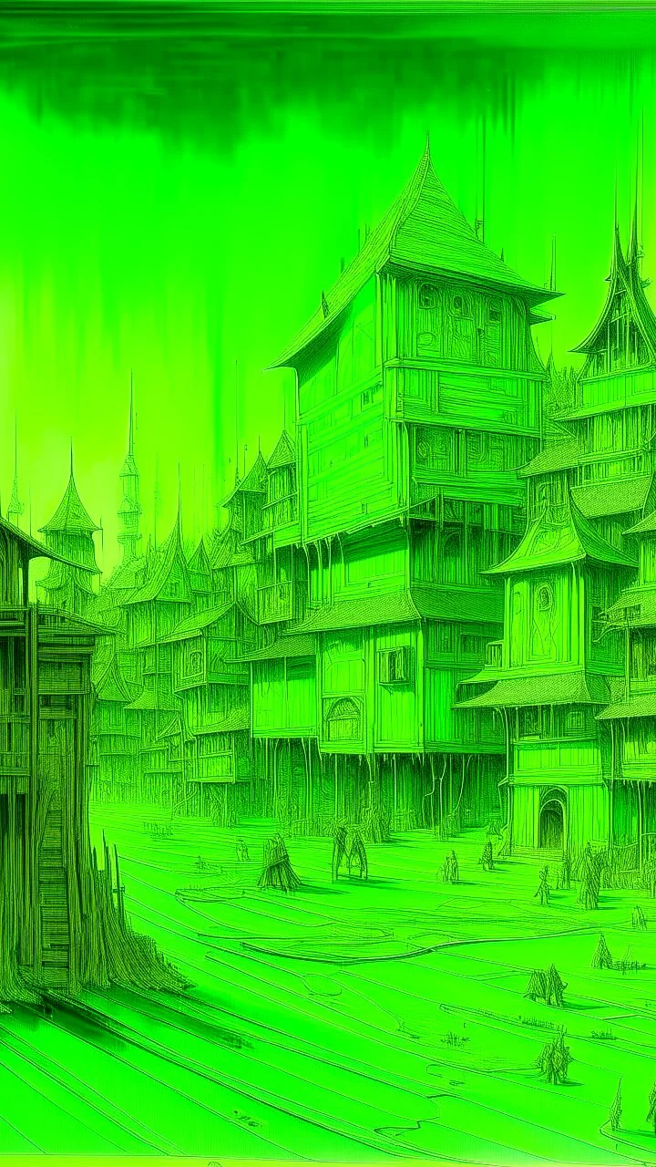 A lime green cybernetic village painted by Leonardo da Vinci