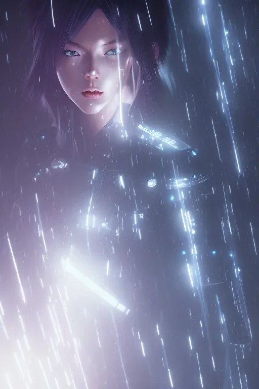 Motoko Kusanagi, raining, nostalgic, cold, dark blue, gloomy, heavy fog, 8k photorealistic, cinematic lighting, high details, dramatic, atmosphereric