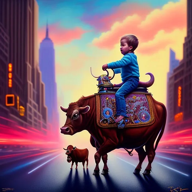 A one-year-old boy rides on the cow in the middle of a busy street in new york. photographic, bright colors and sunset, fantasy art, Anna Dittmann, digital painting, dan mumford, oil on canvas, jeff koons, akihito yoshida, wlop, kodachrome.