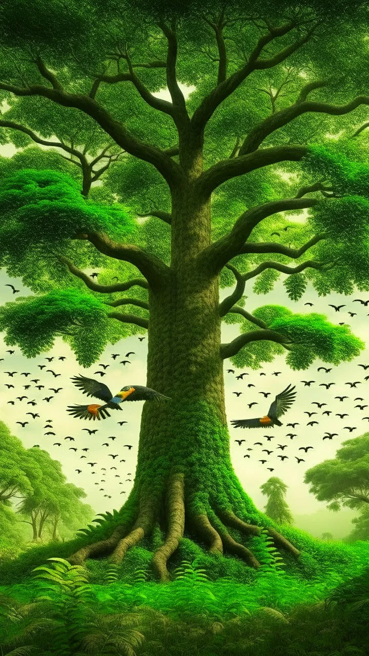 Jungle birds flying around big tall tree