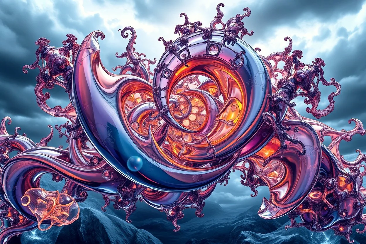 Dynamic complex hypnotic fractal 3D structures horizontal Symmetry twisting and morphing between organic and geometric forms , smooth translucent iridescent glass with inner glow and bubbles, varied transparent materials, stormy skies, intense dramatic
