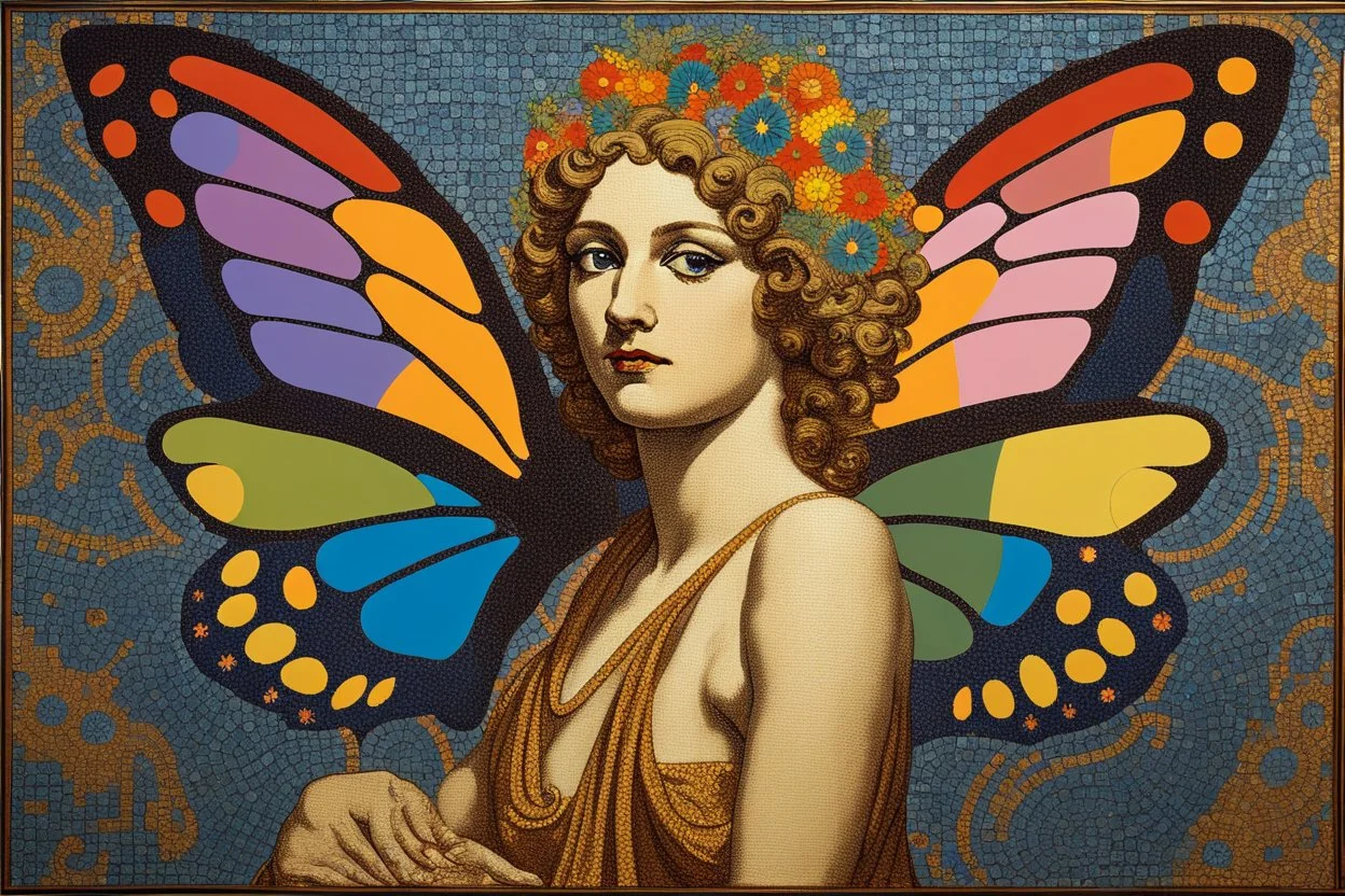 colorful psychedelic painting of ancient god psyche depicted in ancient mosaic art as a butterfly-winged woman by andy warhol