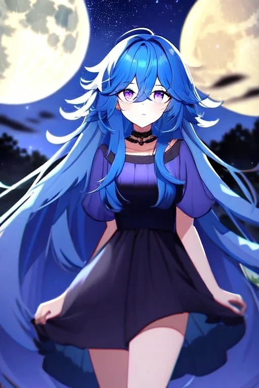 girl, masterpiece, best quality, cinematic lighting, detailed outfit, vibrant colors, perfect eyes, blue hair, absurdly long hair, purple eyes, messy hair, hair between eyes, outdoors, moon, night sky, starry sky,