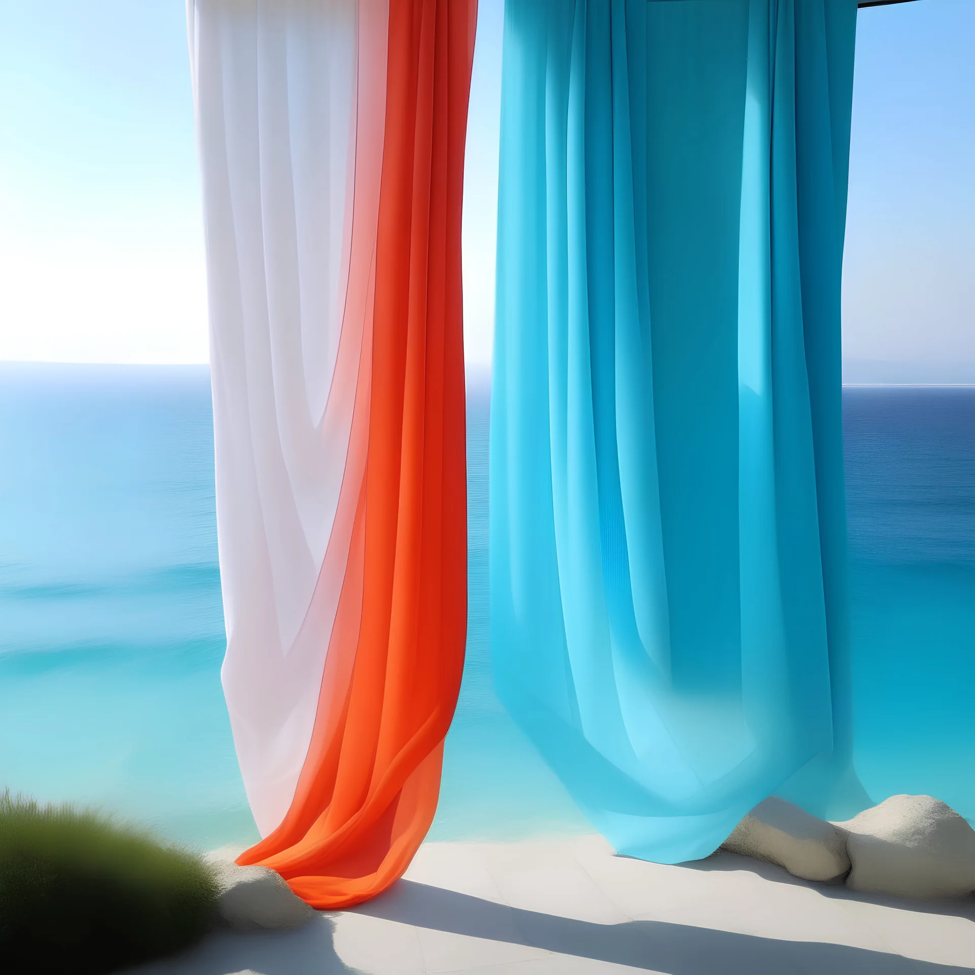 A white curtain above the sea, turquoise, pink, orange,Brigitte colors