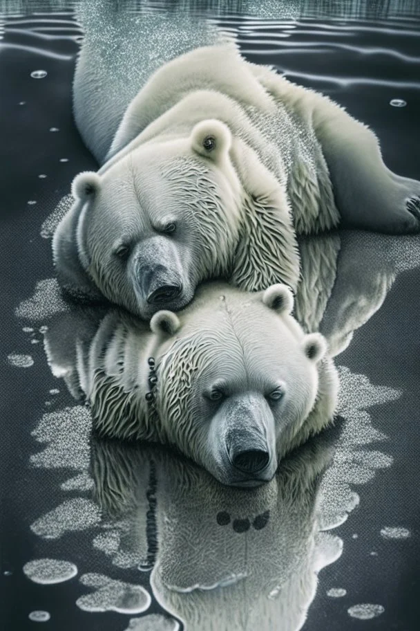 polar bear melting into a puddle, hyper-realistic photography, detailed expression of agony, hyper-realistic fur and anatomy details, Takeshi Kawano style, engraved fur details, anatomically correct animal, dark colour tone, epic colour treatment, cinematic colour treatment, meticulously intricate perfectly symmetrical extremely detailed, pixiv daily ranking, pixiv, extreme depth of field, artstation, sculpture style, spectacular details, volumetric lighting, masterpiece, cinematic, Hollywood pr