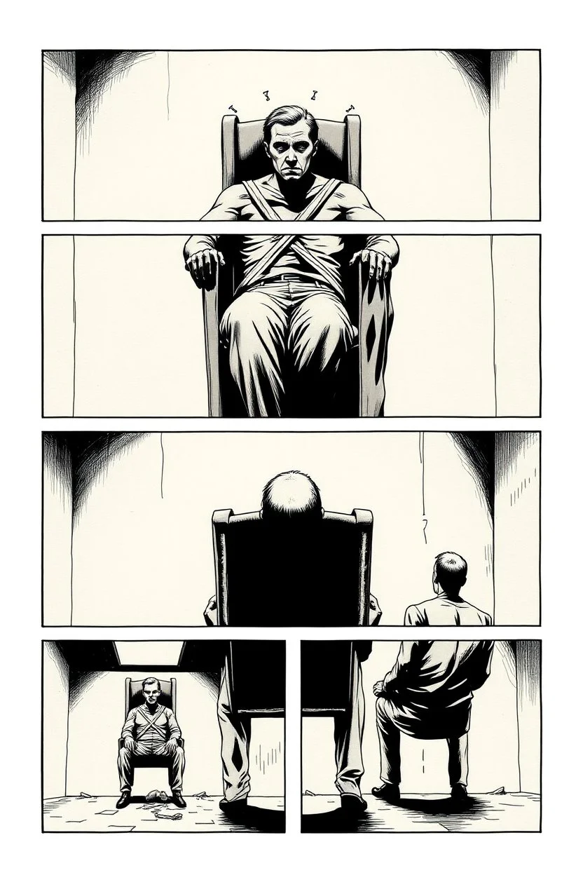 a page divided into 6 rectangular panels, each with different views of a man strapped to a chair and being interrogated, lower and higher perspectives, front and back, suspenseful torture graphic novel, comic book