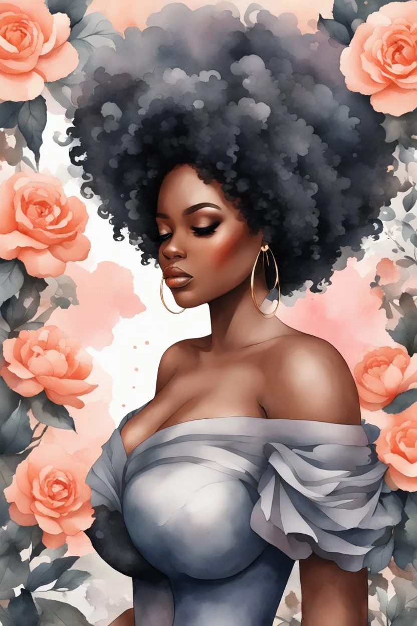 Create an watercolor image of a curvy black female wearing a grey off the shoulder blouse and she is looking down with Prominent makeup. Highly detailed tightly curly black afro. Background of large peach and grey flowers surrounding her