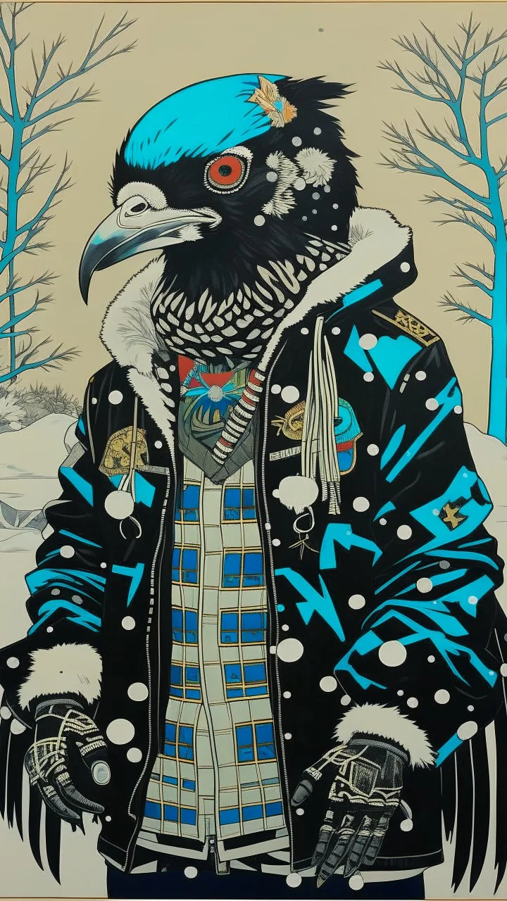 A contemporary serigraphy portrait by Kunisada of a crow adorned in a punk leather jacket within a snowy Christmas atmosphere.