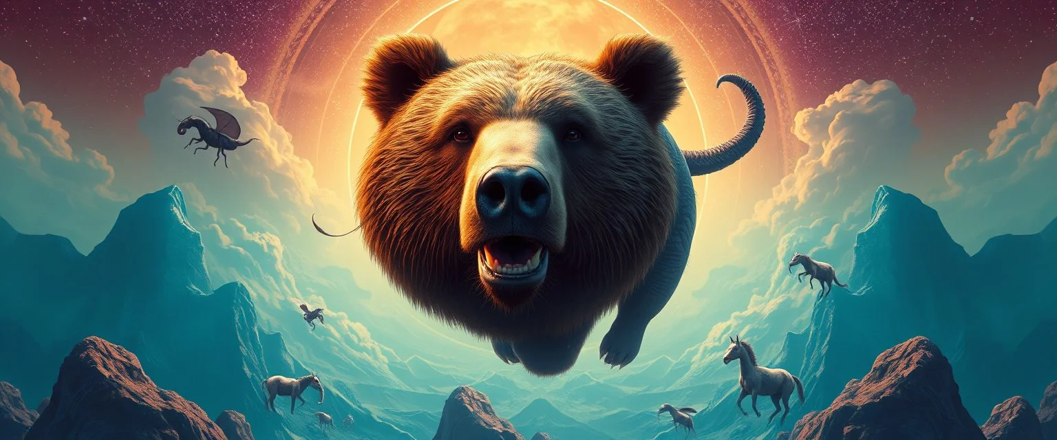 promenade portrait of a bear ant eater squid elephant horse dragon floating in 4 dimensions, goa trance movie poster, stylized art