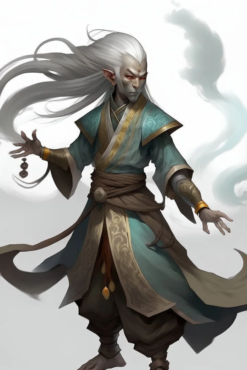 Air genasi from dnd with ashesen skin and asian flowing hair herematerial smoke Monk attire with ash giant