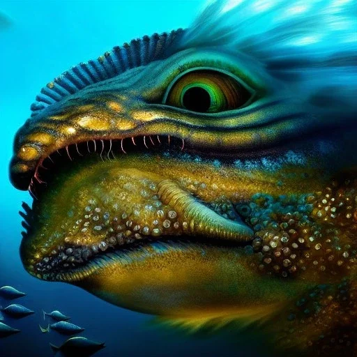 ultra detailed fullbody portrait of Sea monster underwater, extremely detailed digital painting, intrincate, extremely detailed face,crystal clear Big eyes, in the style of Simon Bisley, mystical colors , perfectly centered image, perfect composition, rim light, beautiful lighting, 8k, stunning scene, raytracing