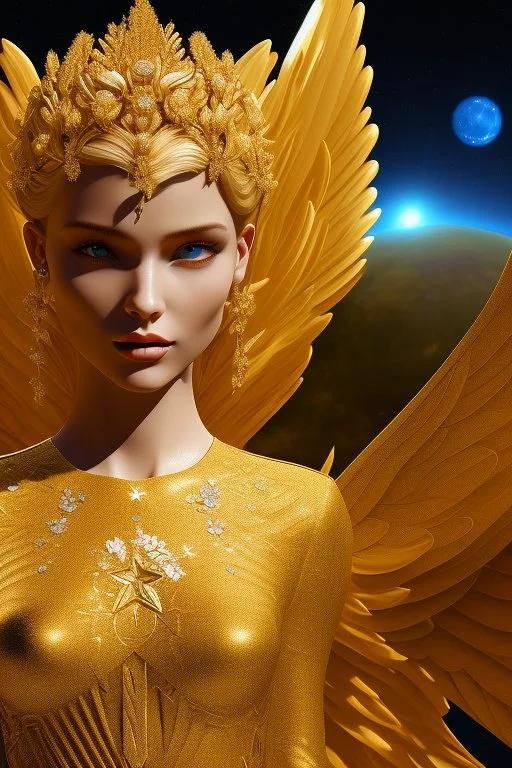 Flower, face,angel, blondie, beautiful place,amazing, cosmic, colors, planet, gold, realistic, photo real, stars night, detailed, high contrast, 8k high definition, unreal engine 5, extremely sharp detail, light effect, light background