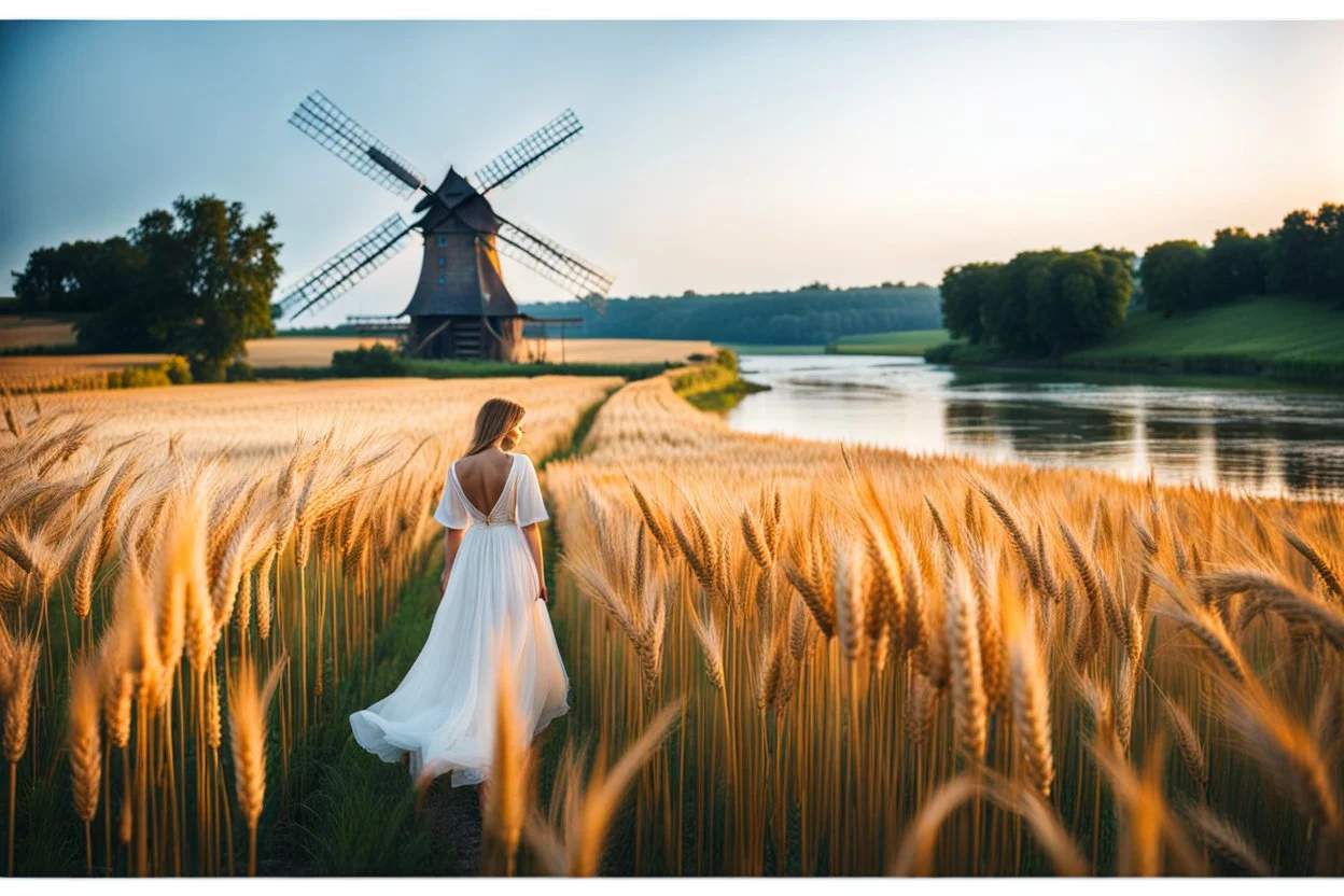 wide angle shot of golden wheat field next to river ,a watermill on river, a beautiful girl in pretty long dress walking in