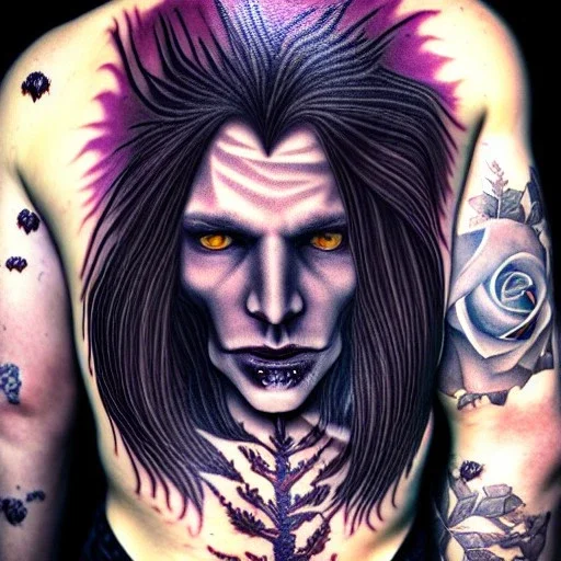 perfect long-haired male Vampire, perfect eyes, full tattoos of flower art and trees extending past face and morphing into galaxy, 8k resolution, high-quality, fine-detail, intricate, digital art, volumetric lighting roses ,