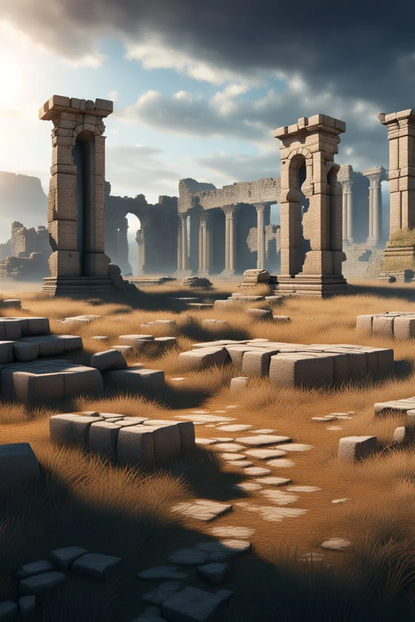 Landscape with the memory of ruins, 8K resolution, high quality, ultra graphics, and detailed with lines.