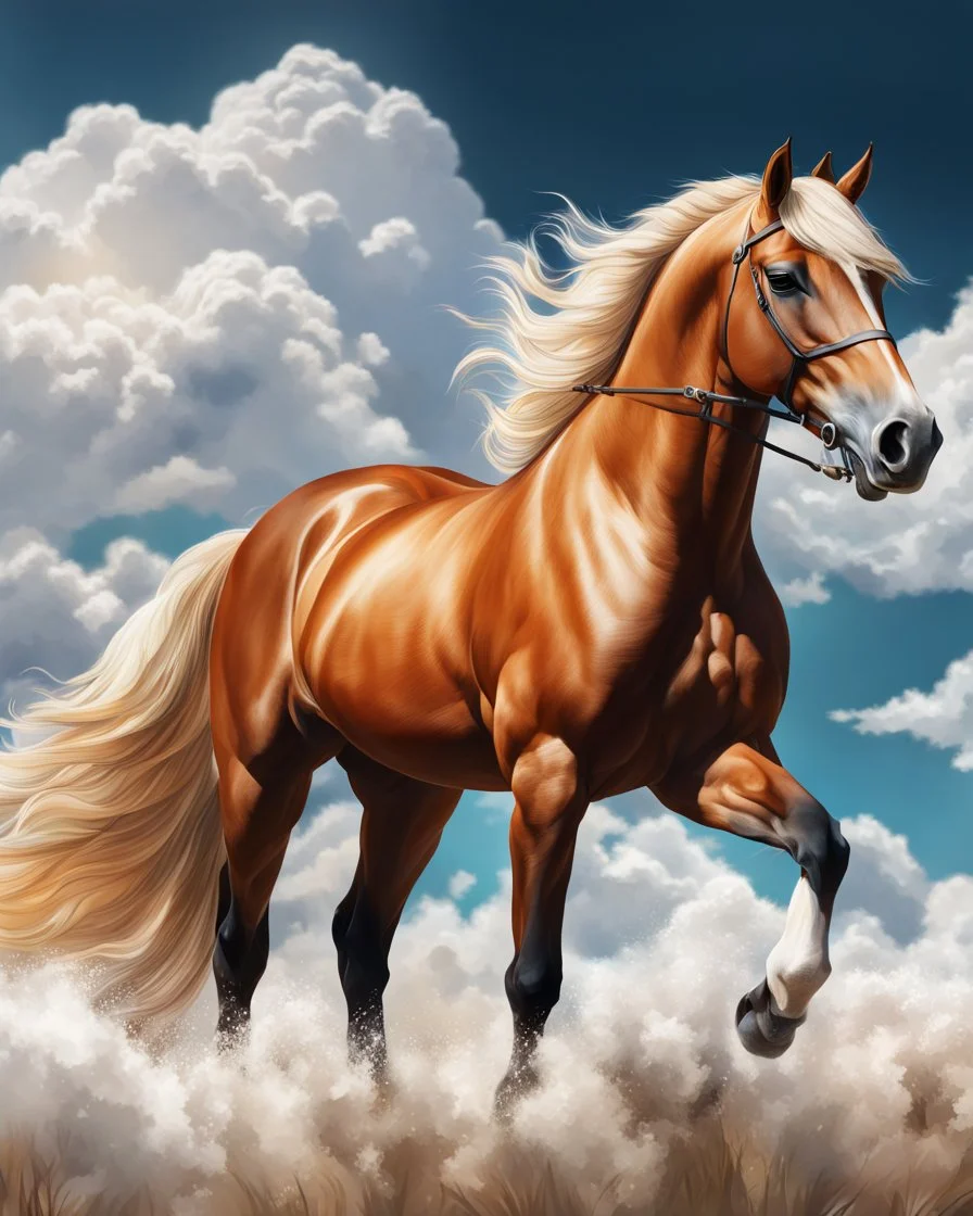 Dibujo animado de un caballo Palomino, calidad ultra, hiperdetallado, maximalista,, cielo con nubes pequeñas, 8 k