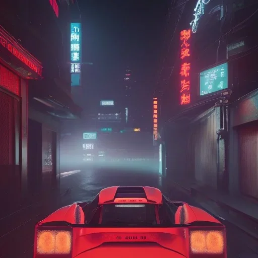 ferarri f40; in an alternate universe in tokyo; cyberpunk; realistic; rain; neon signs