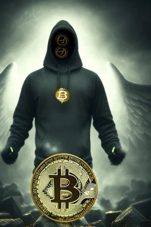 running berserker portrait , no face, black jogging suite , in the night Alps , holding bitcoin , angels background, volumetric gold light, high detail, dark leaf tree, dark mountains in background, perfect