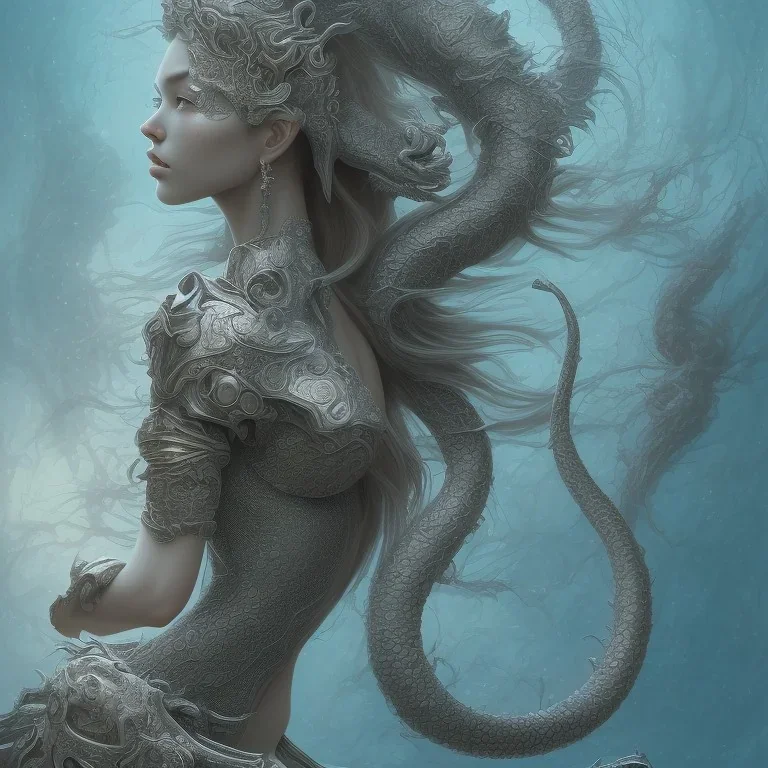 sango fantasy, fantasy magic, intricate, sharp focus, illustration, highly detailed, digital painting, concept art, matte, artgerm and paul lewin and kehinde wiley, masterpiece sexy lips Asian afro lips black African lady body mermaid silver Dragon head silver space lady sea under water mermaid pretty skull