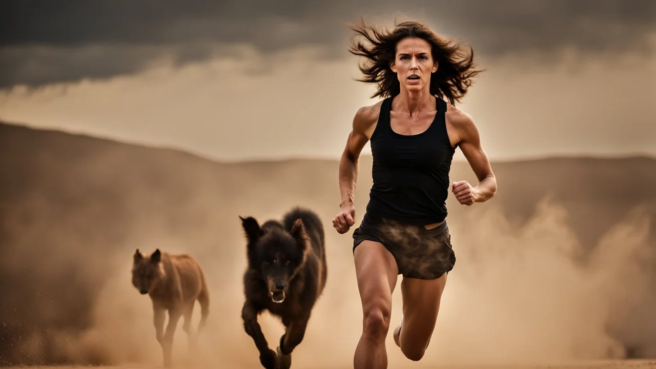 beautiful slender caucasian female technician, black tank top, angry, running, well toned muscles, weathered face, scratched sand camo metal details, short brunette wavy bob haircut, dystopian, desert scene with smoke and explosions,