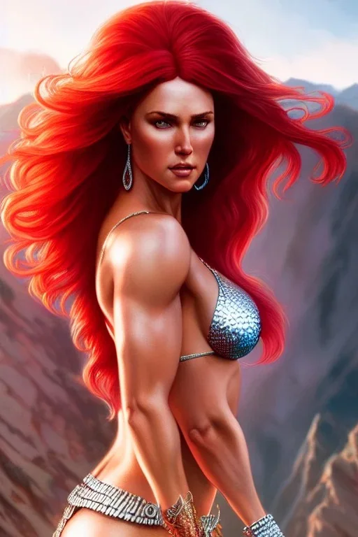 hyper realist, hyper detailed, stunningly beautiful red sonja, athletic realistic body, by greg rutkowski, magali villeneuve, artgerm, wlop, rossdraws, concept art, digital painting