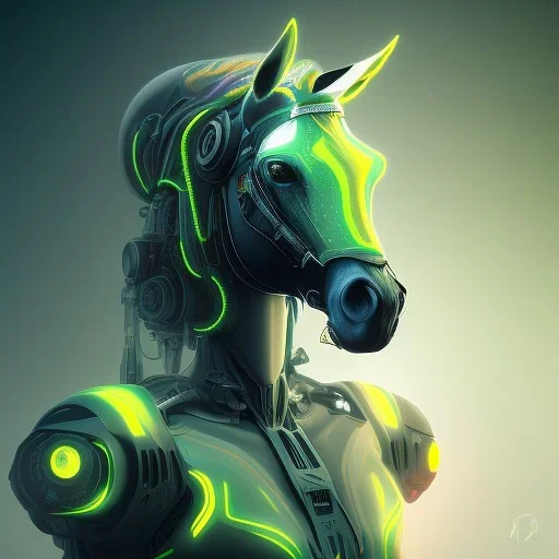 A beautiful portrait of a cyborg horse green color scheme, high key lighting, volumetric light high details psychedelic background