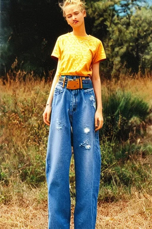 year 1998 denim fashion. Loose, baggy, low waist Combat pants and t-shirt. Colors: denim blue, blue, purple, cream, khaki, light green, lilac, plum, orange, terracotta, red, light yellow, lion yellow, pink, dark blue, beige. Lynx-pattern, Sturnus vulgaris-print. wide belt. Partly latex or leather. Kylie Minogue, Tyra Banks. leg warmer. Cargo pants.