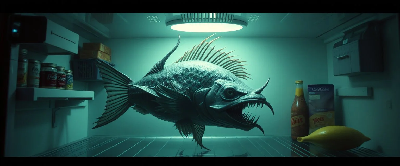 fish demon in the fridge in the style of giger and escher