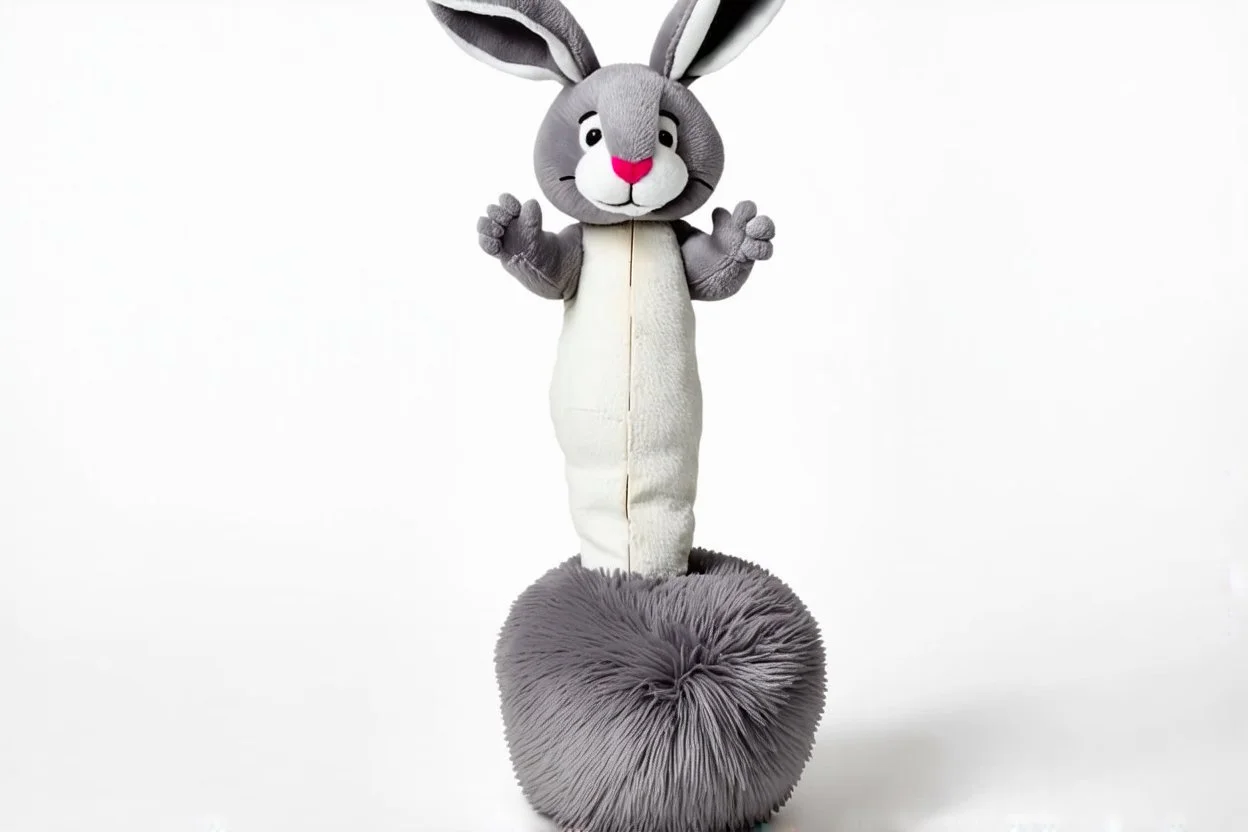 Scruffy fluffy grey puppet plush dust Bunny, holding with both hands onto a post while being blown vertically by the wind, extending vertically, comedic, on white background
