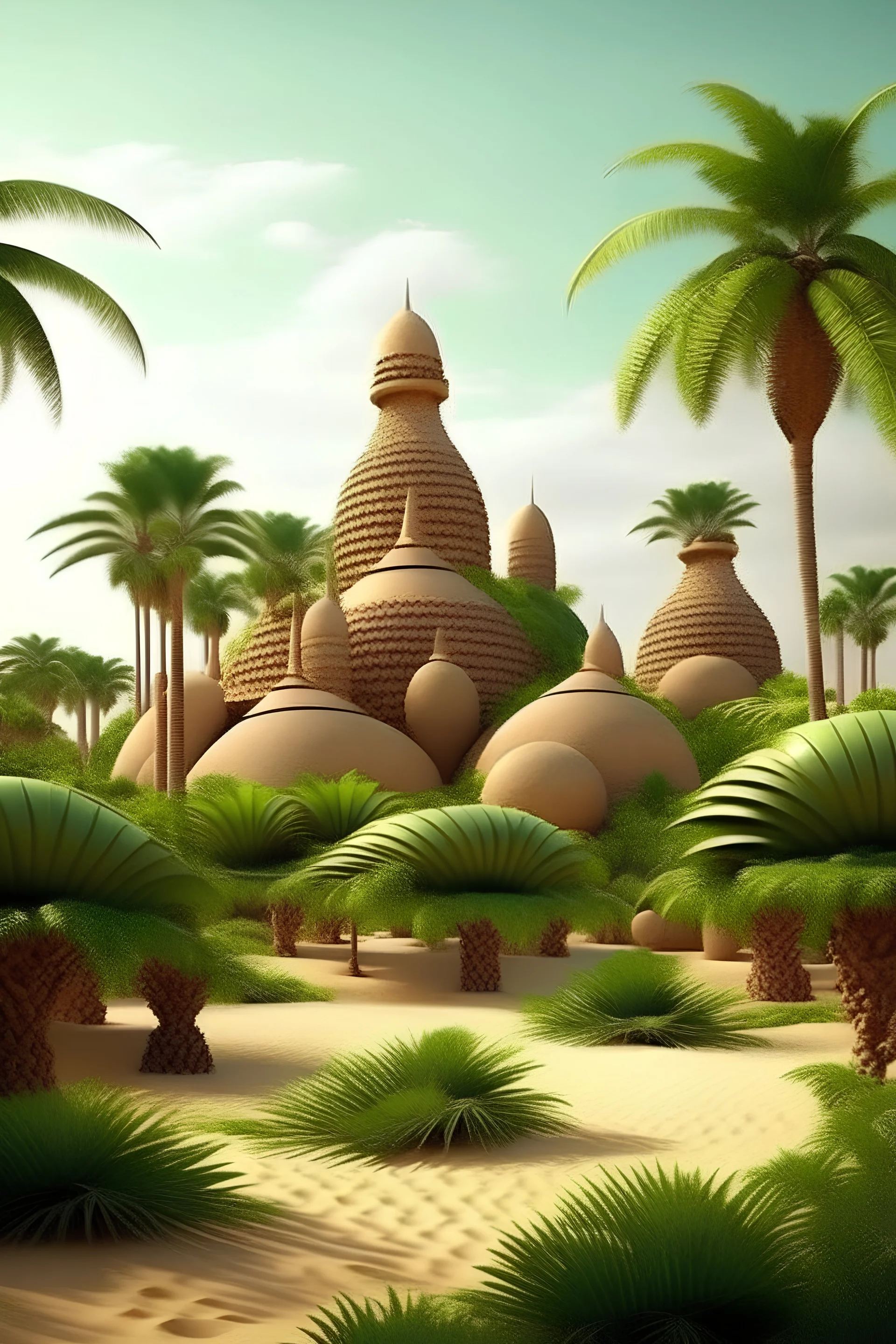 A banana farm and an island-shaped amusement park for children made of Organic simplicity, Saudi Arabia-inspired, Nature-inspired pieces, Palm, Captivating landscapes