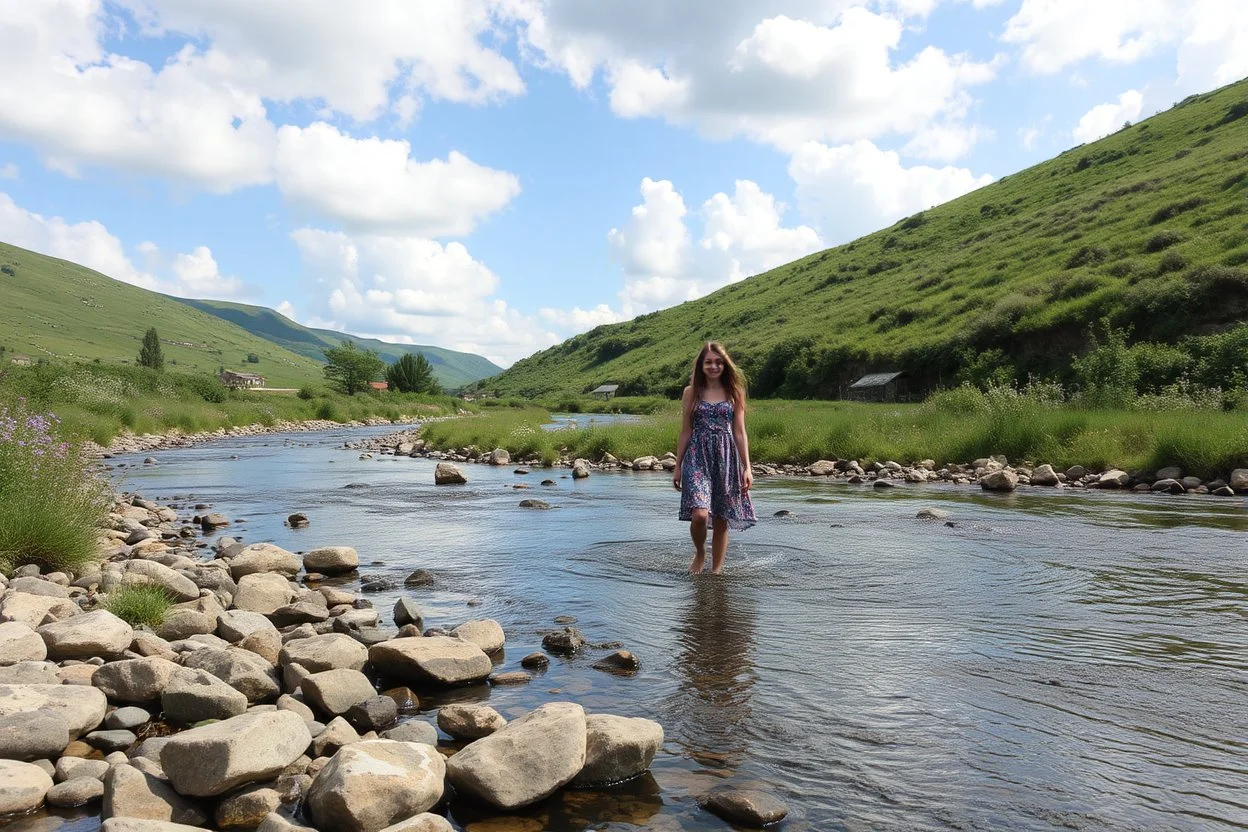 country side small river nice rocks at floor wild flowers blosom pretty sky and cloudes a beautiful young lady standing gracefully in water