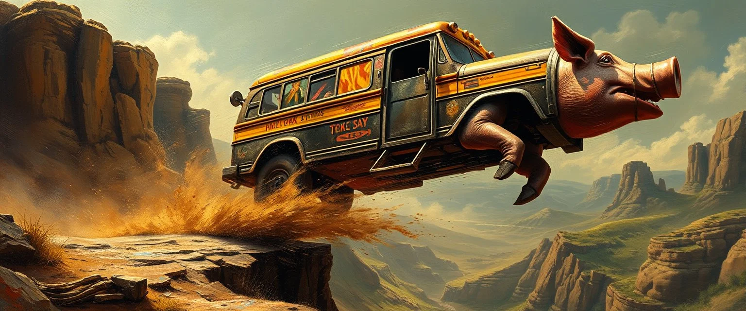faster than a greased muscle shiny cowboy disco funk fusion pig on a runaway mud buss jumping over the cliff . speed and energy, painted by Rembrandt and fallout 4