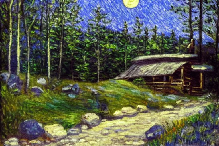 Night, moon, cabin, rocks, trees, distant trees, pathway, grass, impressionism painting