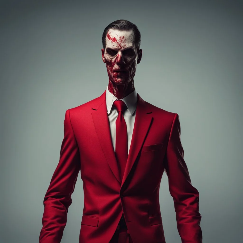 a sinister figure wearing a red suit with a red tie who is missing the skin on his face