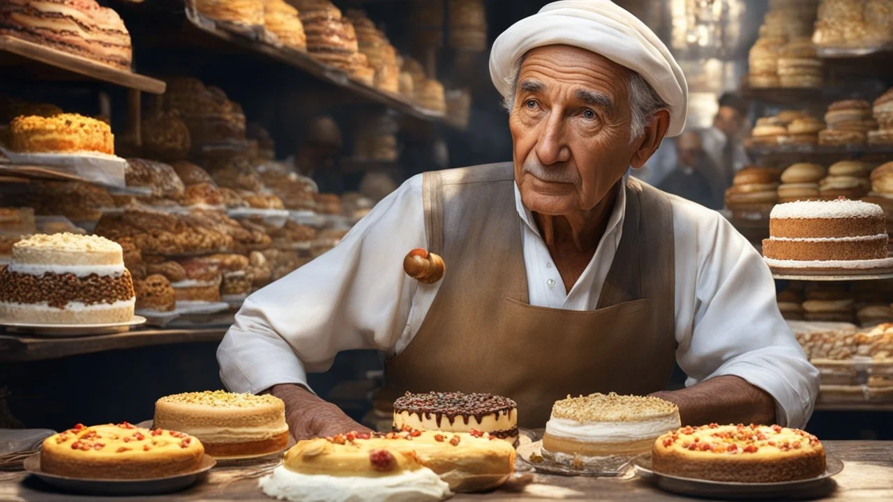 elderly male market trader selling many different types of cake, showing his head and upper body, perfect eyes, perfect anatomy, exquisite composition, beautiful detailed intricate detailed octane render, 8k artistic photography, photorealistic, soft natural volumetric cinematic perfect light, chiaroscuro, award-winning photograph, masterpiece, raphael, caravaggio, bouguereau