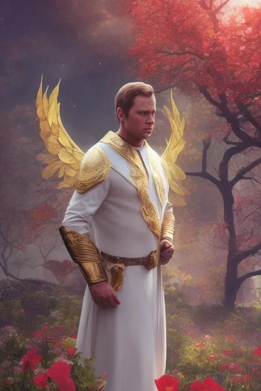 captain kirk portrait , detailed hands, at dawn by atey ghailan, golden light , white robe, holding leaves and flowers , angels background, volumetric light, high detail, red leaf tree, mountains in background, perfect